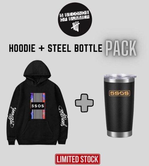 Black hoodie featuring the 5 Seconds of Summer logo and text, paired with a sleek black steel tumbler with the band's logo, part of a limited stock merch bundle.