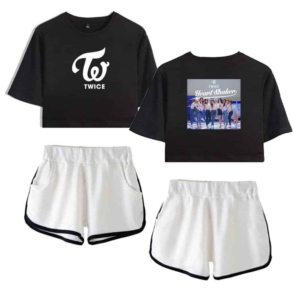TWICE merchandise set with black cropped T-shirt featuring the TWICE logo, and white shorts with black trim, perfect for fans to showcase their love for the K-pop group.