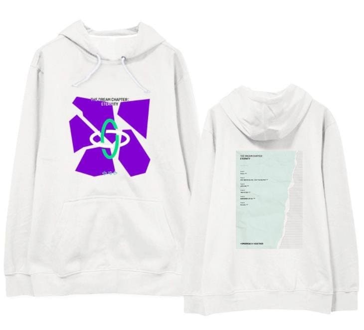 V2. Bright white hoodie featuring vibrant purple and green graphic design inspired by "The Dream Chapter: Eternity" fandom merchandise.