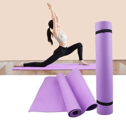 Purple yoga mat and foam roller for fitness, exercise, or yoga practice. Suitable for stretching, strength training, and flexibility workouts. Ideal for home or gym use.