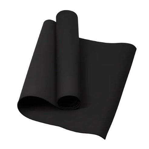 Black rolled-up yoga mat or exercise mat for fitness classes and workouts.