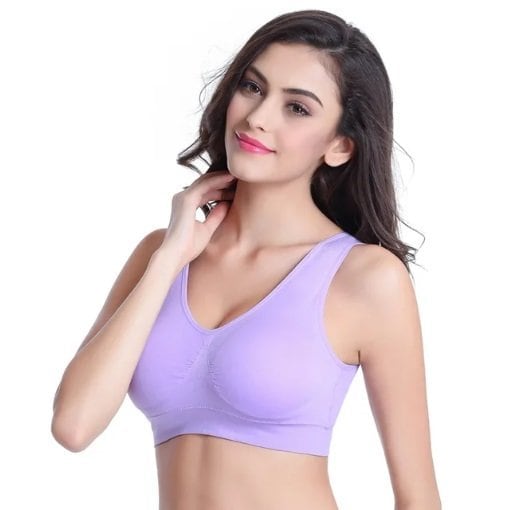 Soft lavender sports bra with a comfortable fit, ideal for activewear and casual wear.
