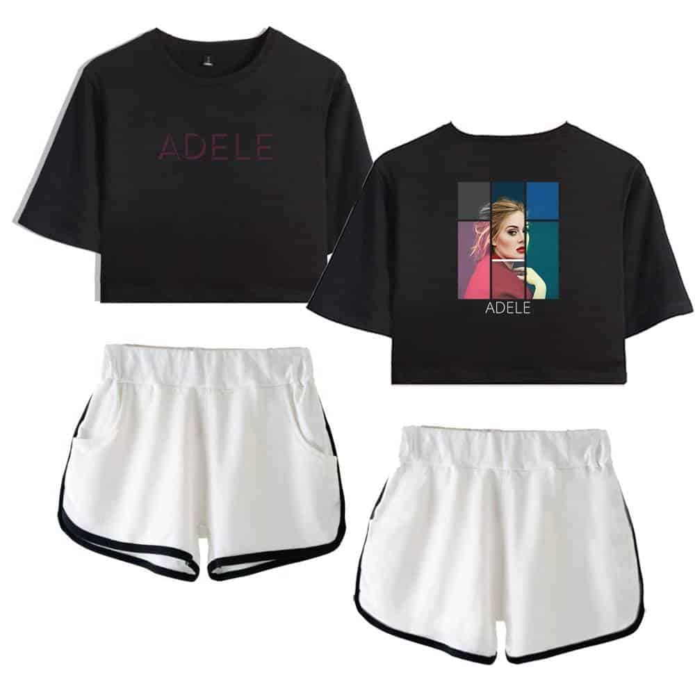 Adele-themed crop top and shorts set featuring album artwork and stylish design. Perfect casual wear for fans and fashionable individuals alike.