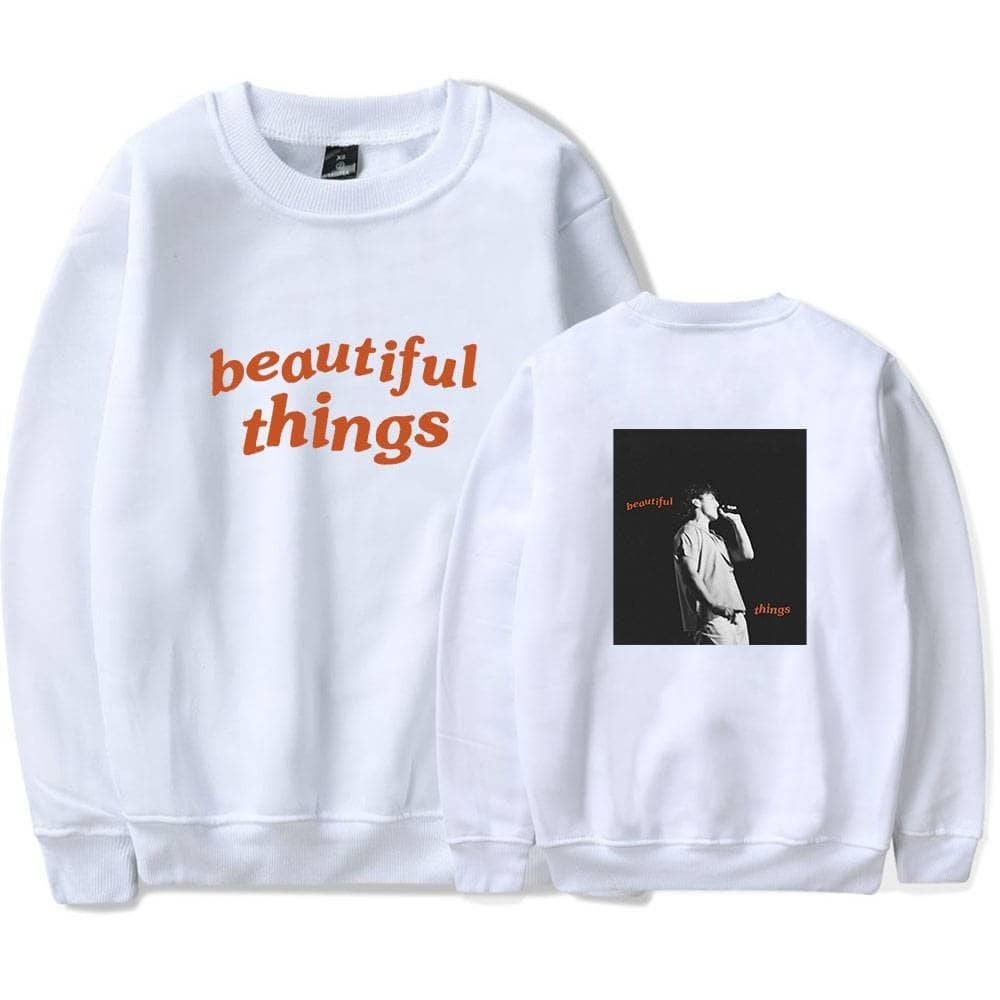 Beautiful things sweatshirt with bold orange text on the front and a black-and-white photo graphic on the back, blending casual style with artistic expression, ideal for fashion-forward individuals.