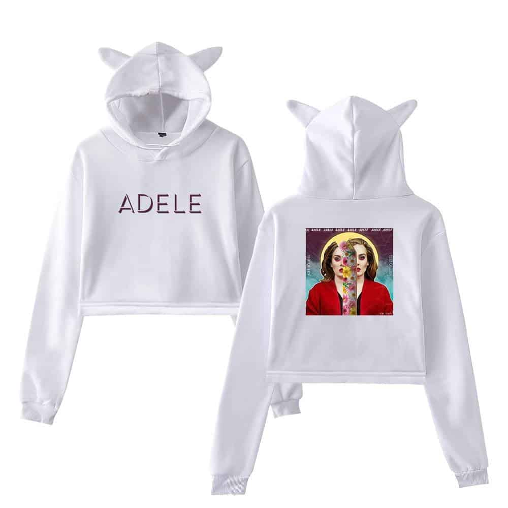 Adèle hoodie with cat ears, featuring a front print of the artist's name and a back graphic of her album cover, perfect for fans and casual wear.