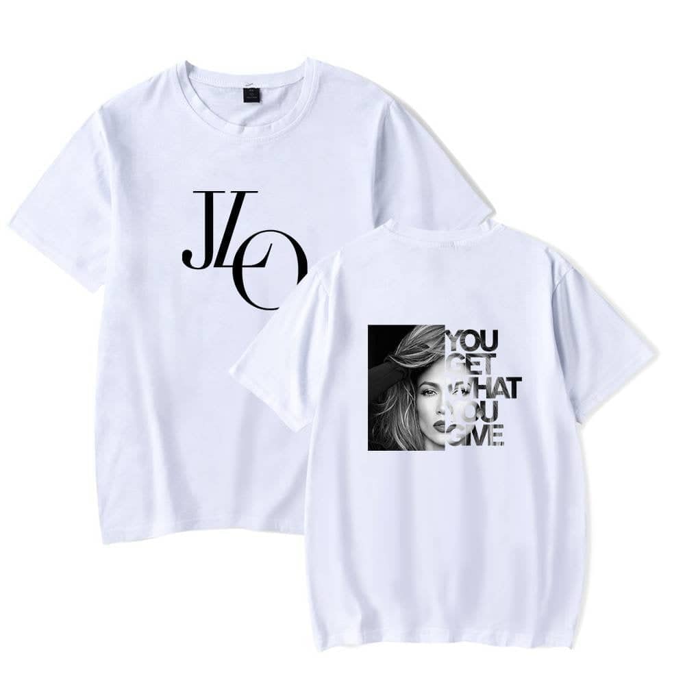 JLo graphic t-shirt, stylish white tee with bold black and white design, perfect for casual wear or making a fashion statement.