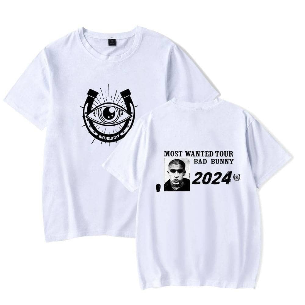 Eye with horseshoe graphic and "BADBunny" text on front of the white T-shirt, "MOST WANTED TOUR BAD BUNNY 2024" and a black-and-white photo on the back, concert merchandise design, limited edition music tour apparel.