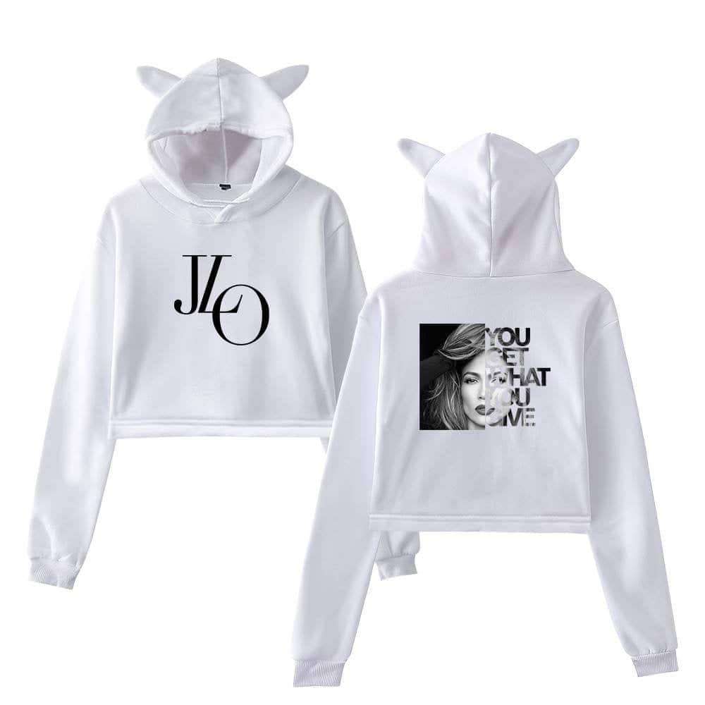 JLO hoodie with cat ears, featuring minimalist black and white design, perfect for casual fashion statements and pop culture fans. Made from soft, comfortable fabric, ideal for everyday wear.