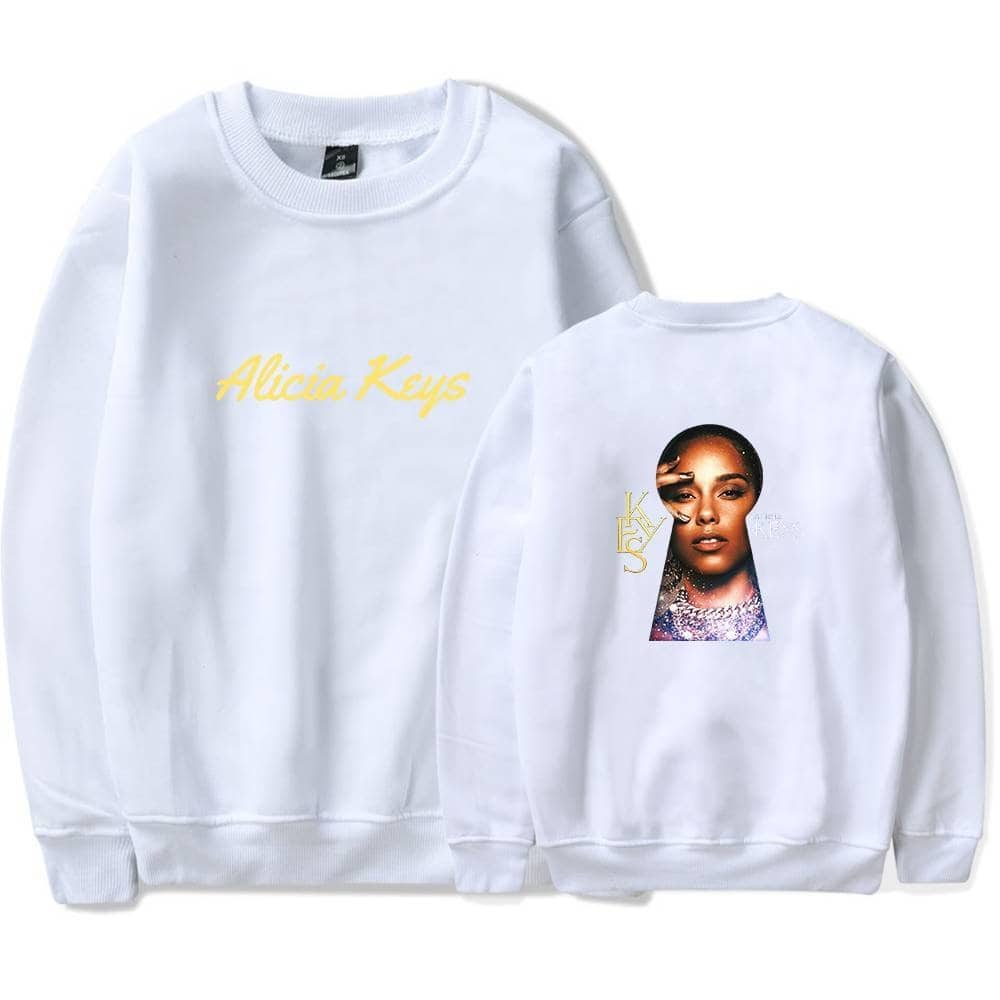 Alicia Keys white sweatshirt featuring her name on the front and a stylized portrait graphic on the back. Perfect for music fans and stylish casual wear.
