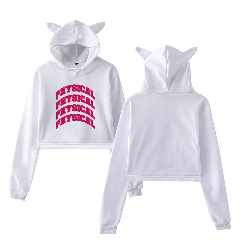 White hoodie and sweatpants set with animal ears and "PHYSICAL" text in pink, casual and playful loungewear for women or teens, trendy streetwear, perfect for relaxed occasions or cozy days at home.