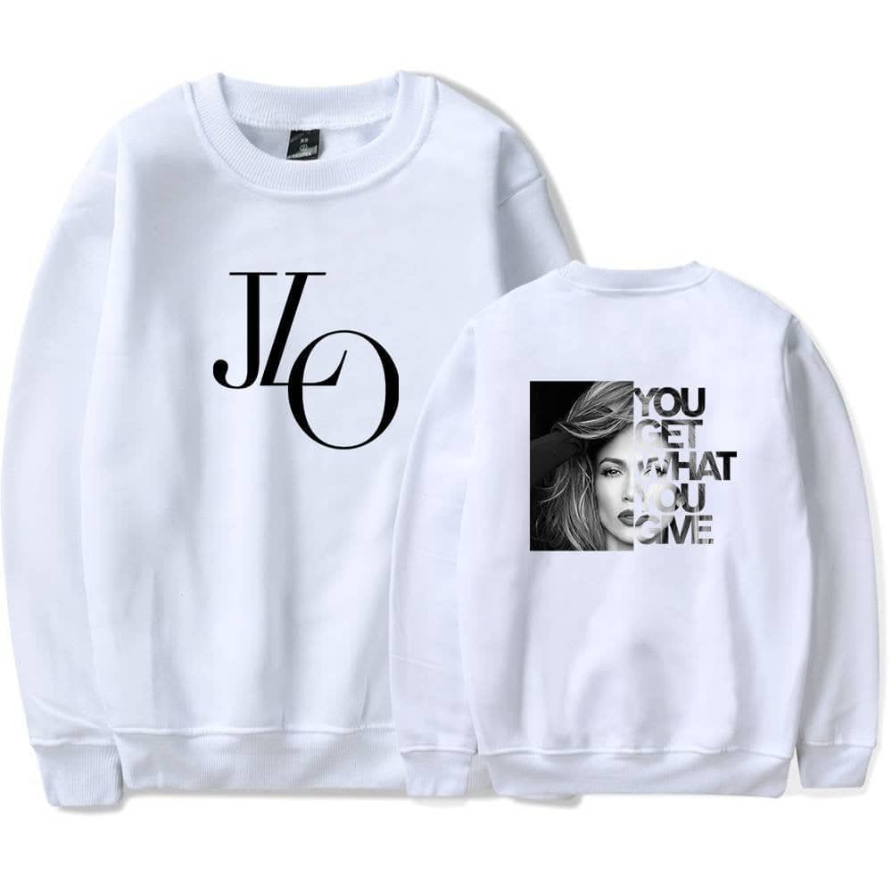 JVO sweatshirt with bold logo and stylish graphic print featuring a woman's face and the phrase "You get what you give." Perfect for casual wear and expressing your unique style.