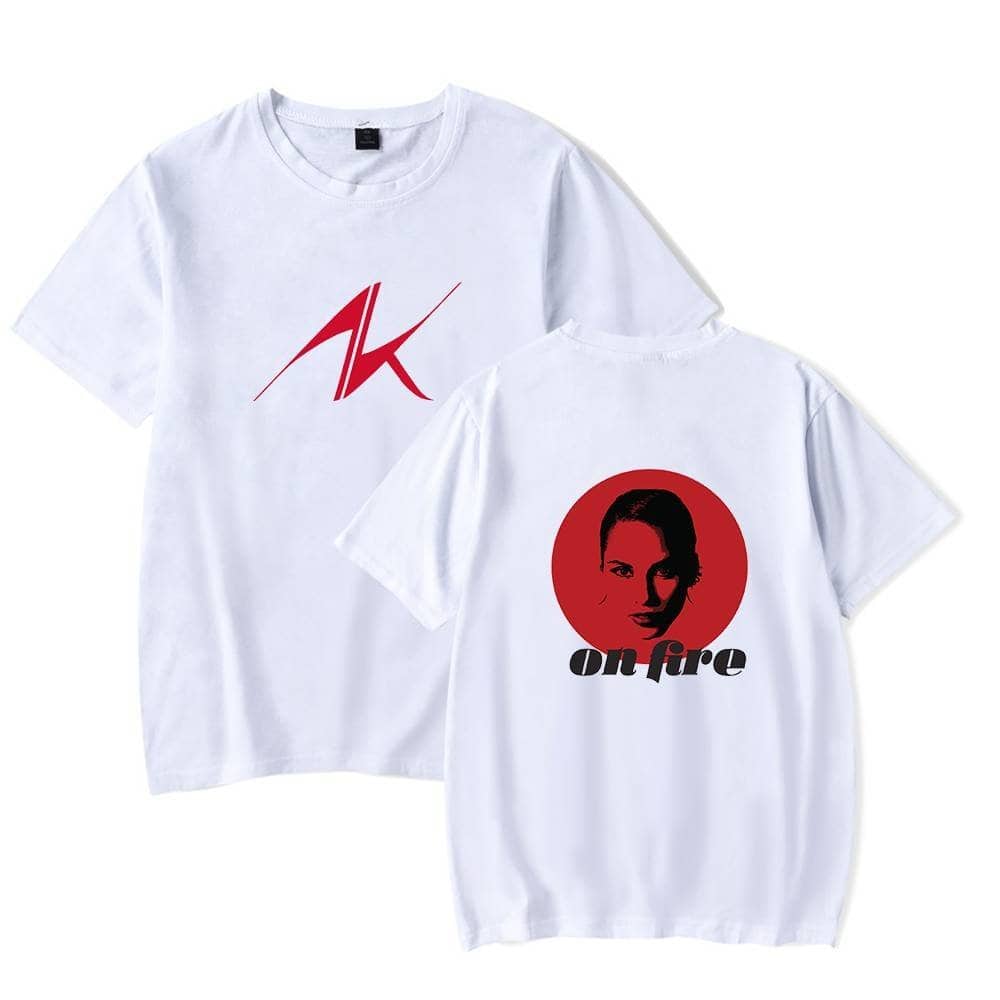 AK logo white t-shirt with a bold red and black graphic design featuring a woman's face and the words "on fire" printed on the back. Stylish casual merch for streetwear lovers.