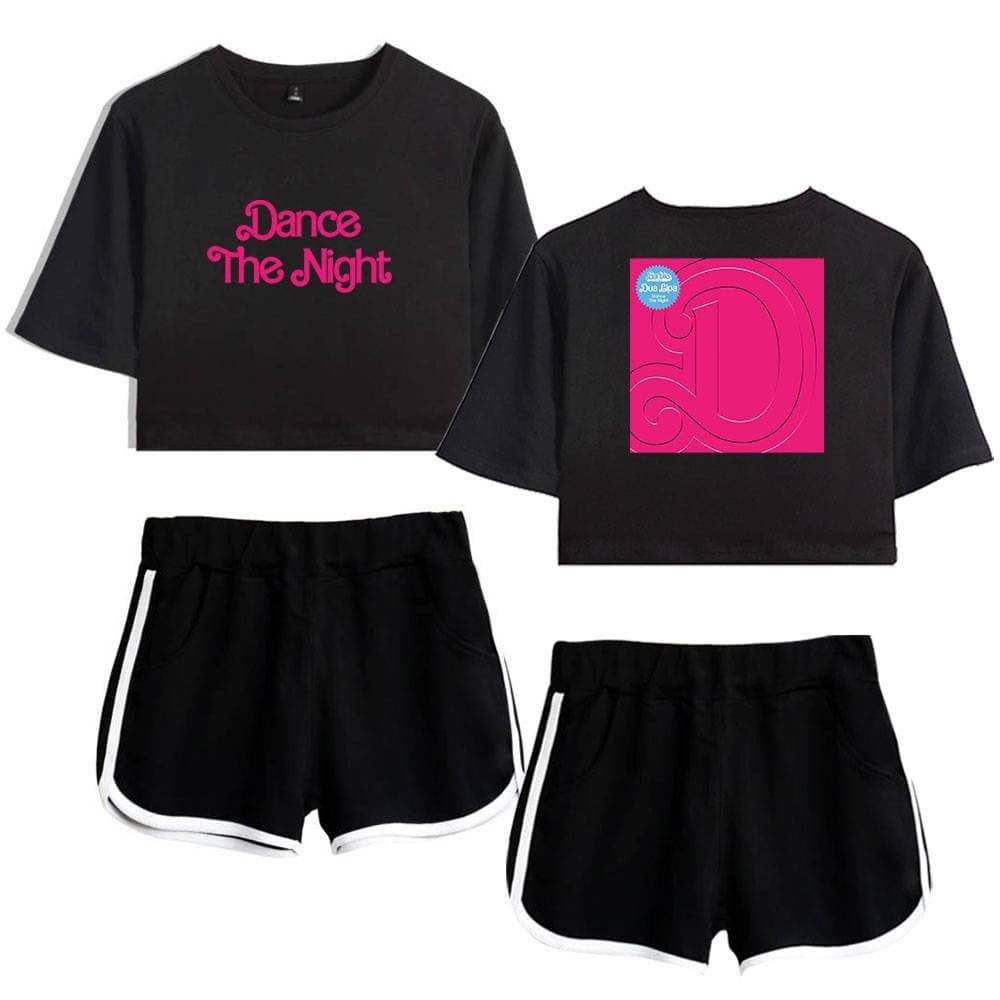 Dance The Night crop top, stylish black shorts, and vibrant pink graphic apparel for an energetic dance-inspired look. Perfect for casual summer days and dance events. Unique merchandise for fans of dance culture.