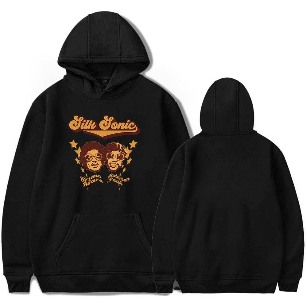 Silk Sonic hoodie featuring a graphic of Bruno Mars and Anderson .Paak with retro style text. Perfect for fans of the musical duo, combining comfort and cool streetwear fashion.