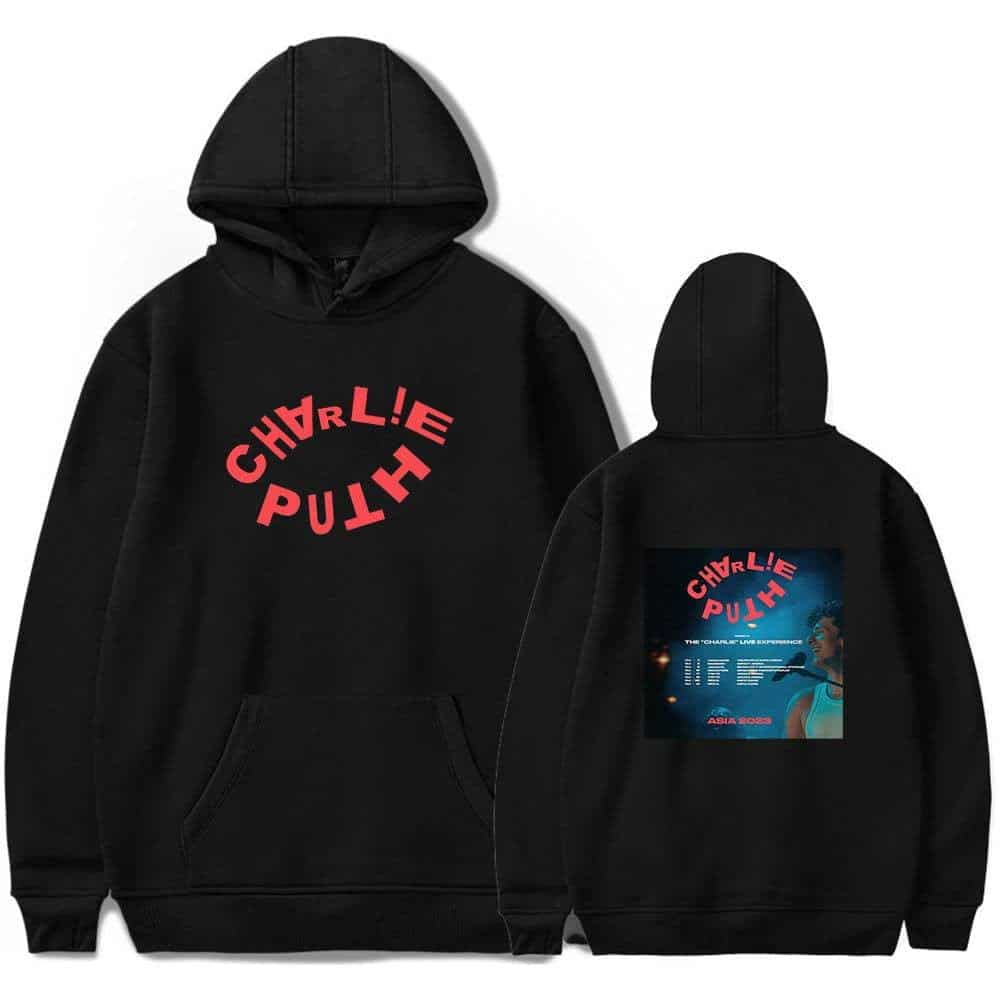 Charly Puth hoodie featuring the artist's name in bold red letters on the front and event details on the back, perfect for music fans and concertgoers.