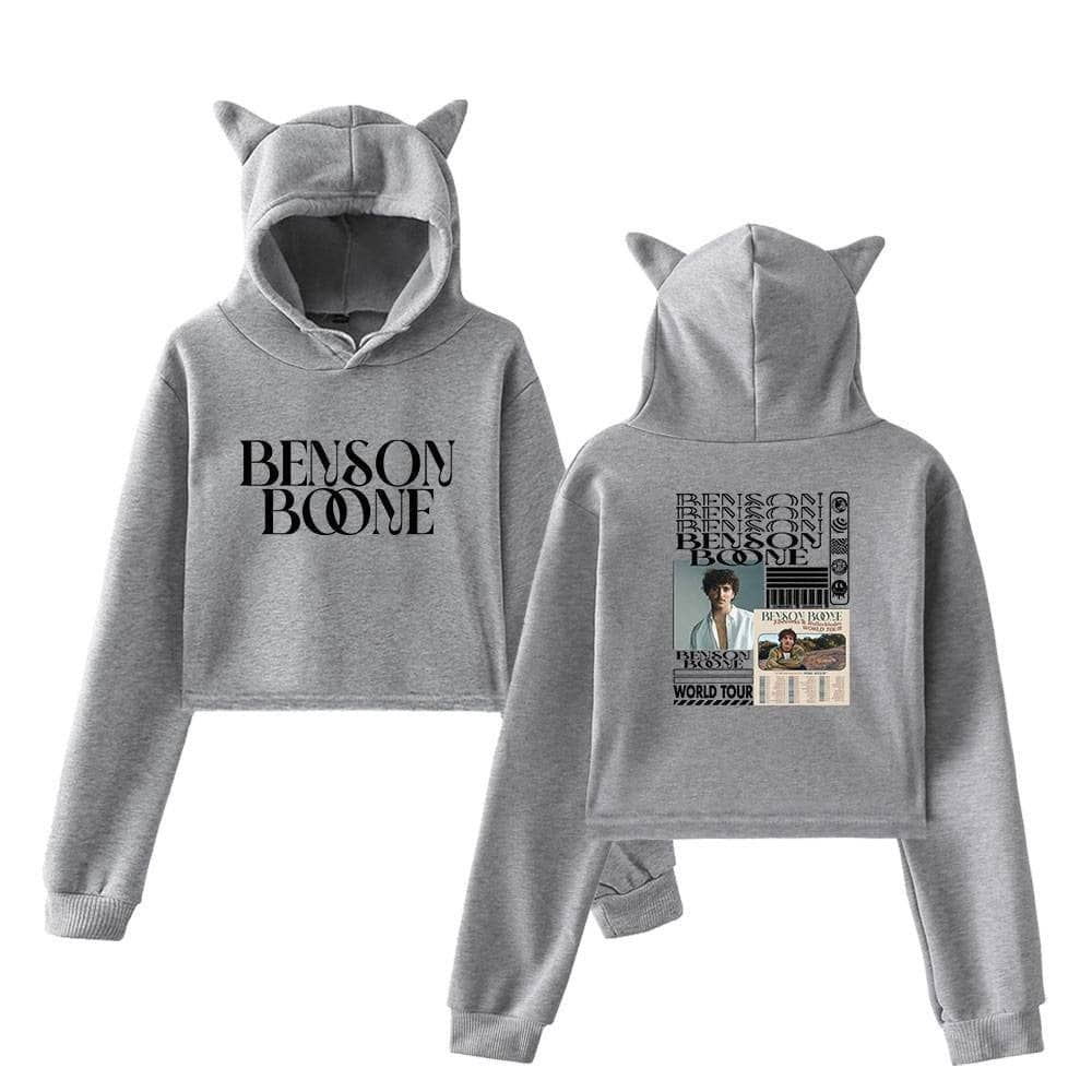 Benson Boone hooded sweatshirt with "Benson Boone" print and back graphic featuring Benson Boone's photo, concert, and tour details in gray with playful cat-ear hood.