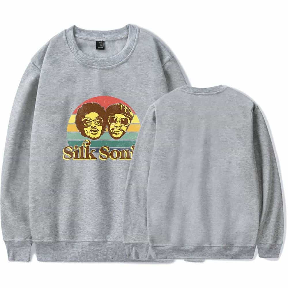 Vintage-style sweatshirt with Silk Sonic graphic featuring iconic faces and retro sunset background. Perfect for music lovers and fans of the duo's soulful sound. Comfortable, stylish, and great for casual wear.