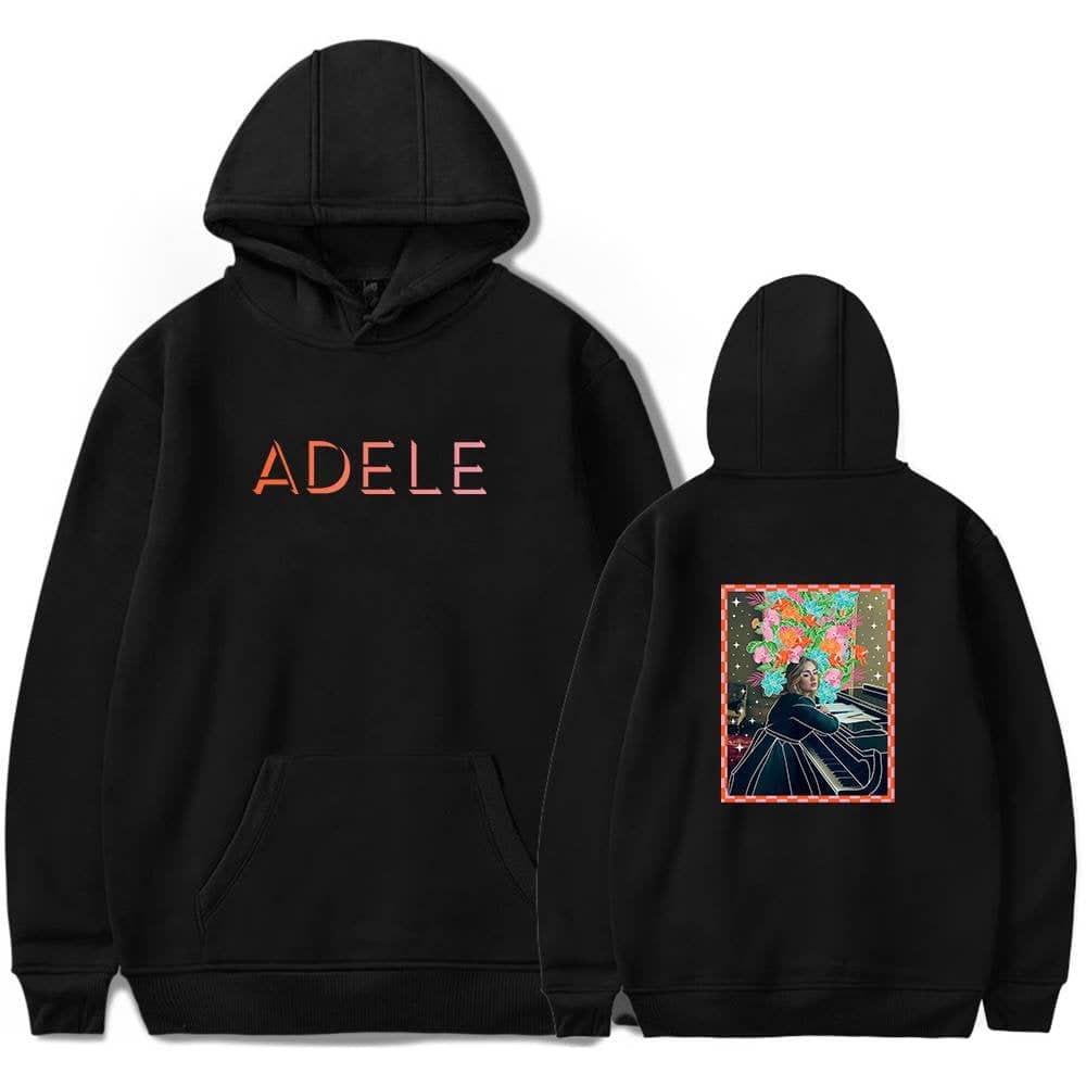 Adele hooded sweatshirt with colorful front text and artistic back graphic featuring Adele at a piano with vibrant floral background.