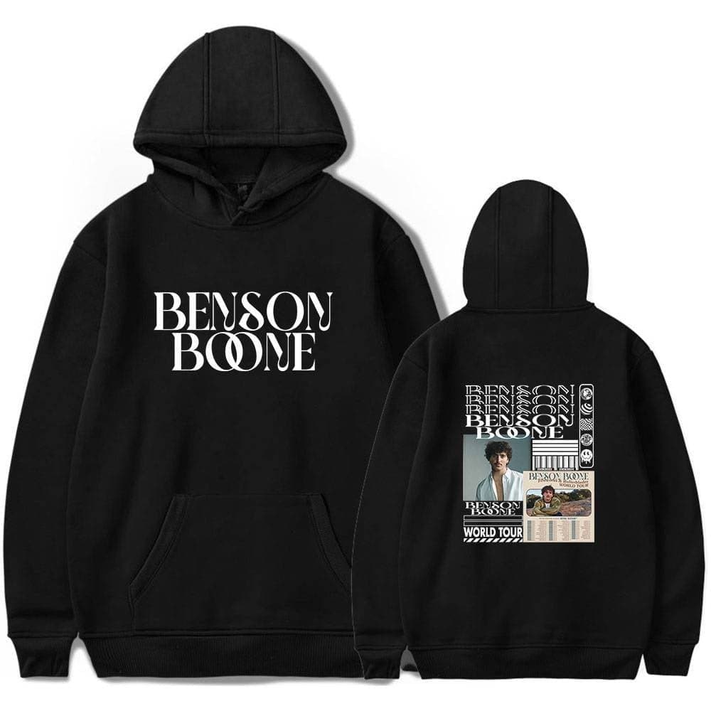 Benson Boone black hoodie with graphic print and tour memorabilia design.