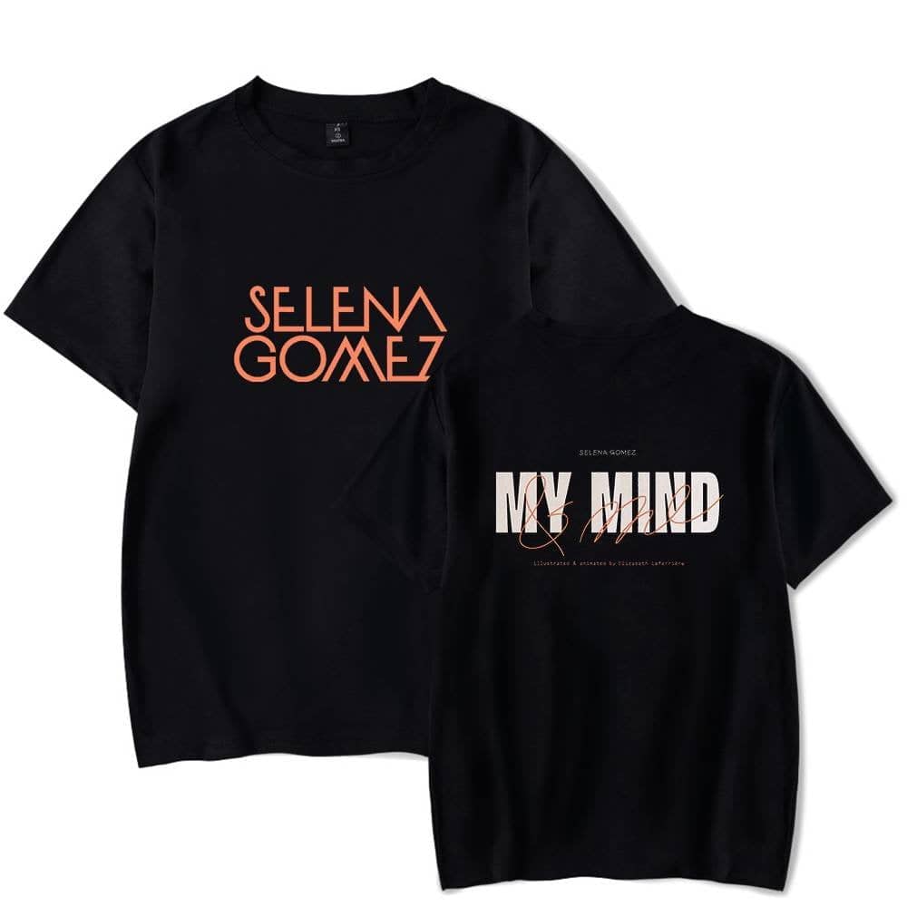 SELENA GOMEZ T-Shirt Set with "Selena Gomez" and "My Mind" graphic designs in pink and white. Casual black apparel featuring her name and inspiring text. Perfect for fans and stylish everyday wear.