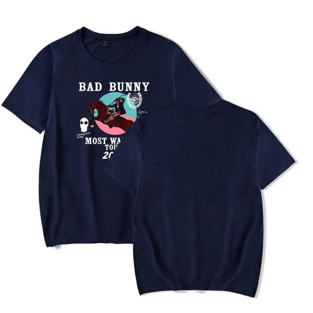Bad Bunny tour graphic t-shirt with a cartoon riding a horse, digital art style, navy blue color, casual fit, trendy and fashionable, perfect for fans of Bad Bunny and streetwear.