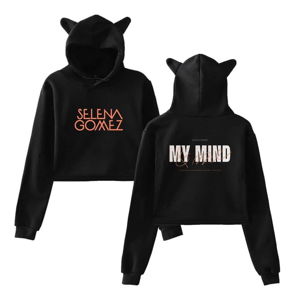 Selena Gomez black hoodie with cat ears featuring her name on the front and "My Mind" on the back, stylish and comfortable merchandise.