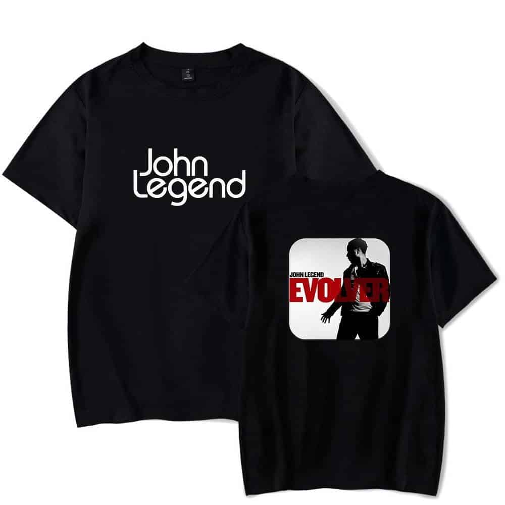 John legend black t-shirt with graphic and text merchandise.