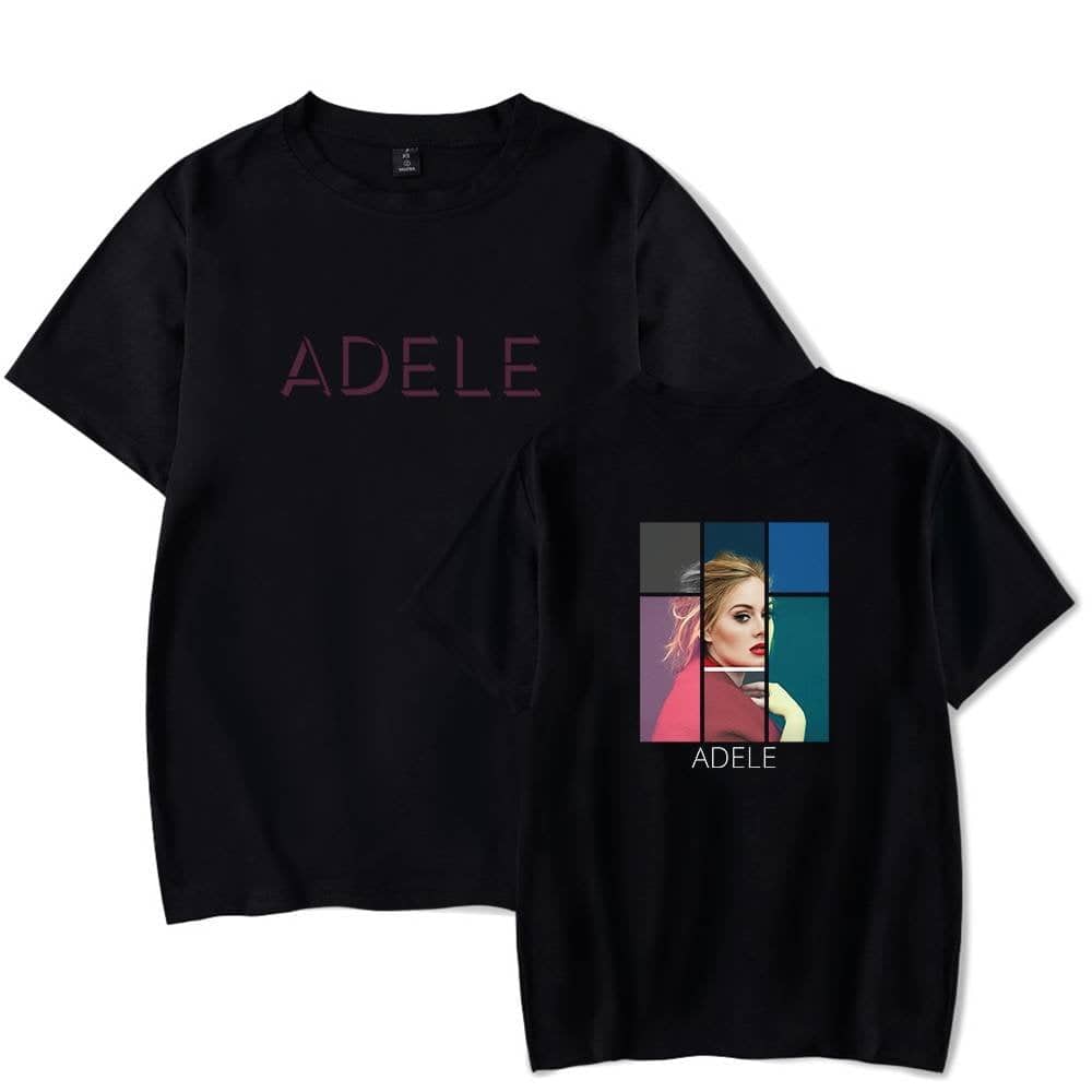 Adelé black graphic T-shirt featuring a colorful portrait of Adele, perfect for music fans and casual wear. Made from comfortable fabric with stylish design, showcasing your love for Adele's music.