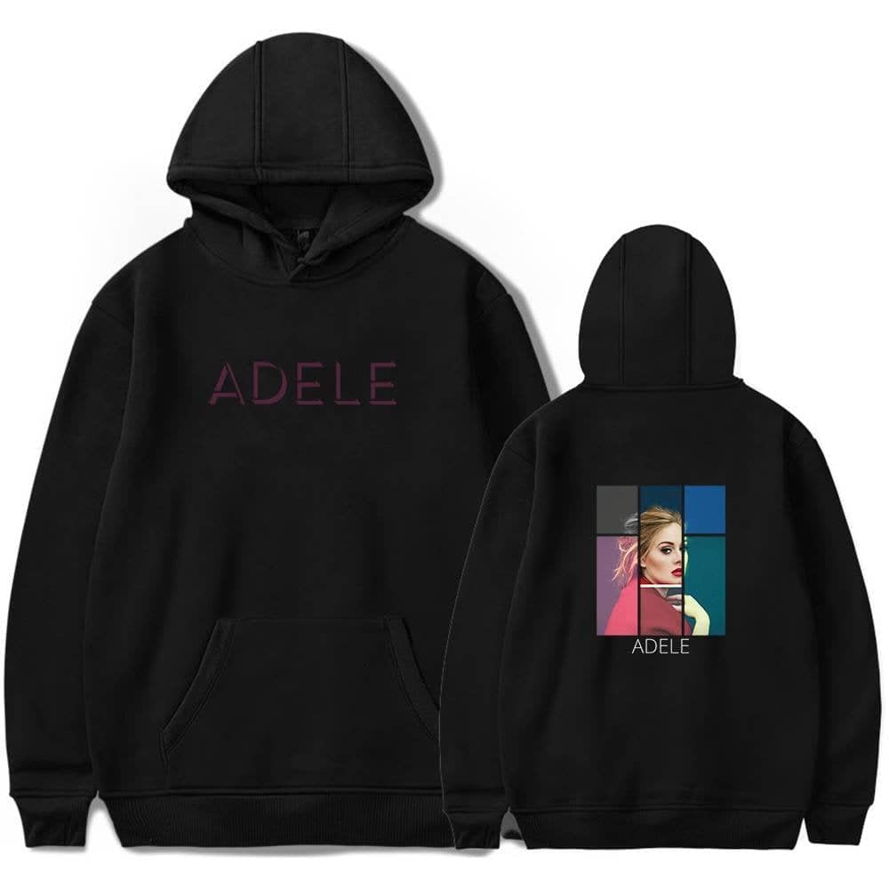 Adele hoodie with her name on the front and artwork of Adele on the back, featuring bold colors and a modern design, perfect for fans of the singer and music enthusiasts.