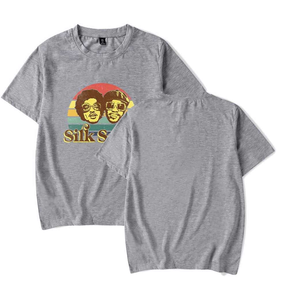 Silk s band t-shirt with vintage-style graphic design of two women wearing sunglasses and afro hairstyle, perfect for retro merchandise collections, casual streetwear, and music fans.