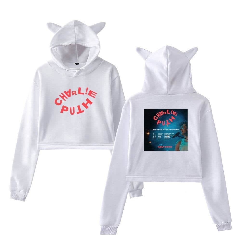 Charlie Puth hoodie with cartoon ears and printed concert graphic, perfect for fans and casual wear.