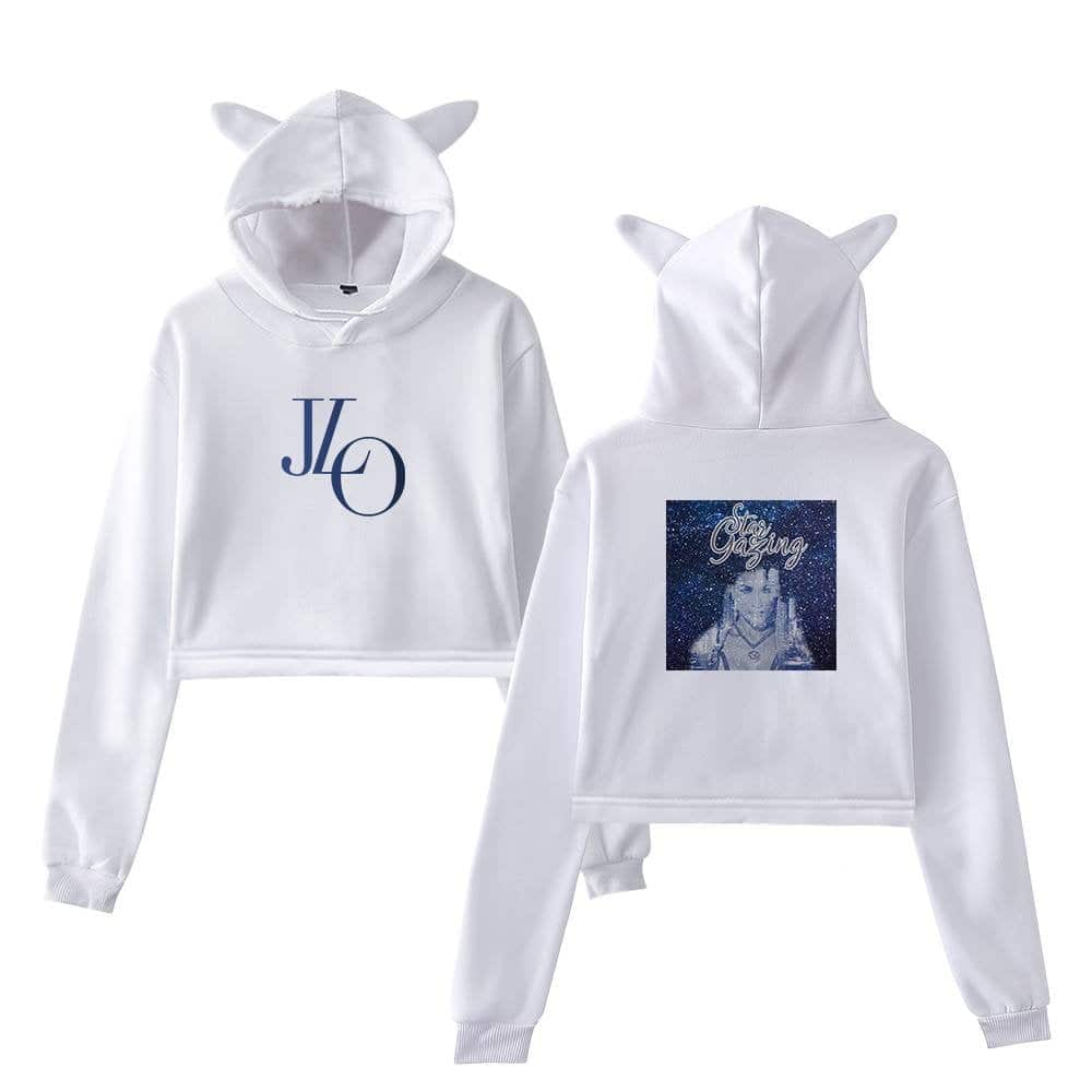 JLO hoodie with animal ears, featuring a front logo and back graphic design, perfect for fans of Jennifer Lopez. Made from soft, comfortable material for casual wear and stylish comfort.