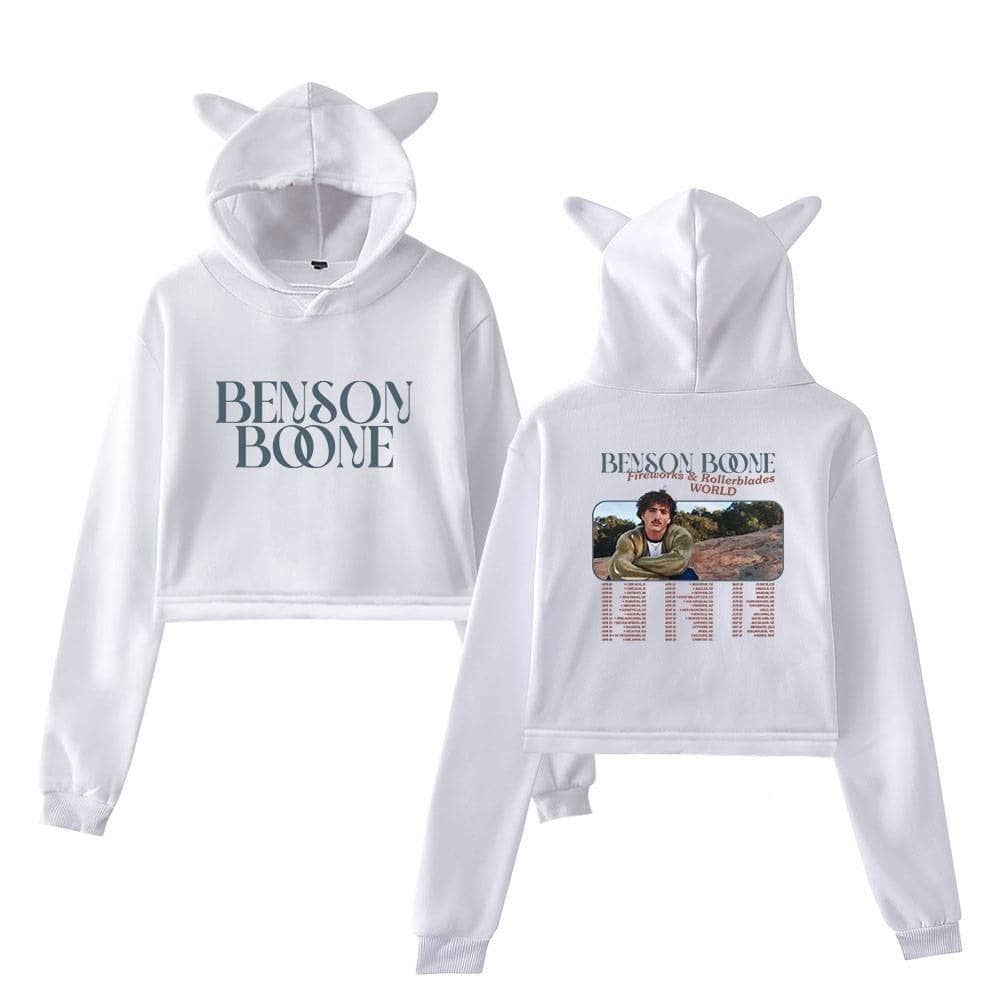 Benson Boone white hoodie with animal ears, featuring bold text on the front and a promotional graphic on the back, perfect for fans of the artist.