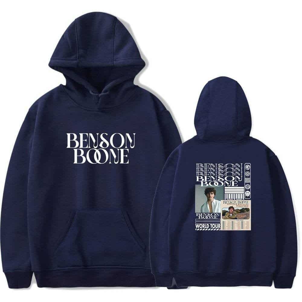 Benson Boone hoodie with front and back graphic design, featuring his name and world tour details, in navy blue, ideal for music fans and concert-goers.