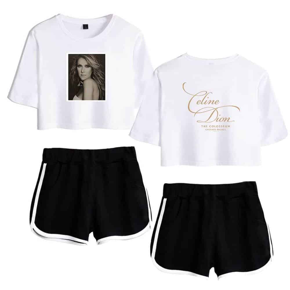 Celine Dion merchandise set featuring a white cropped t-shirt with her portrait and a back print with her signature and the phrase "The Colosseum" paired with black shorts with white side stripes.
