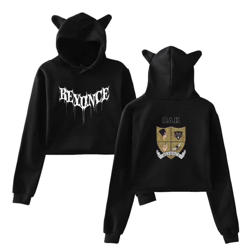 Black hooded sweatshirts with "BEYONCE" graphic and emblem designs, featuring cute 3D animal ears on the hood for a playful, stylish look. Perfect for fans of Beyoncé and trendy streetwear.