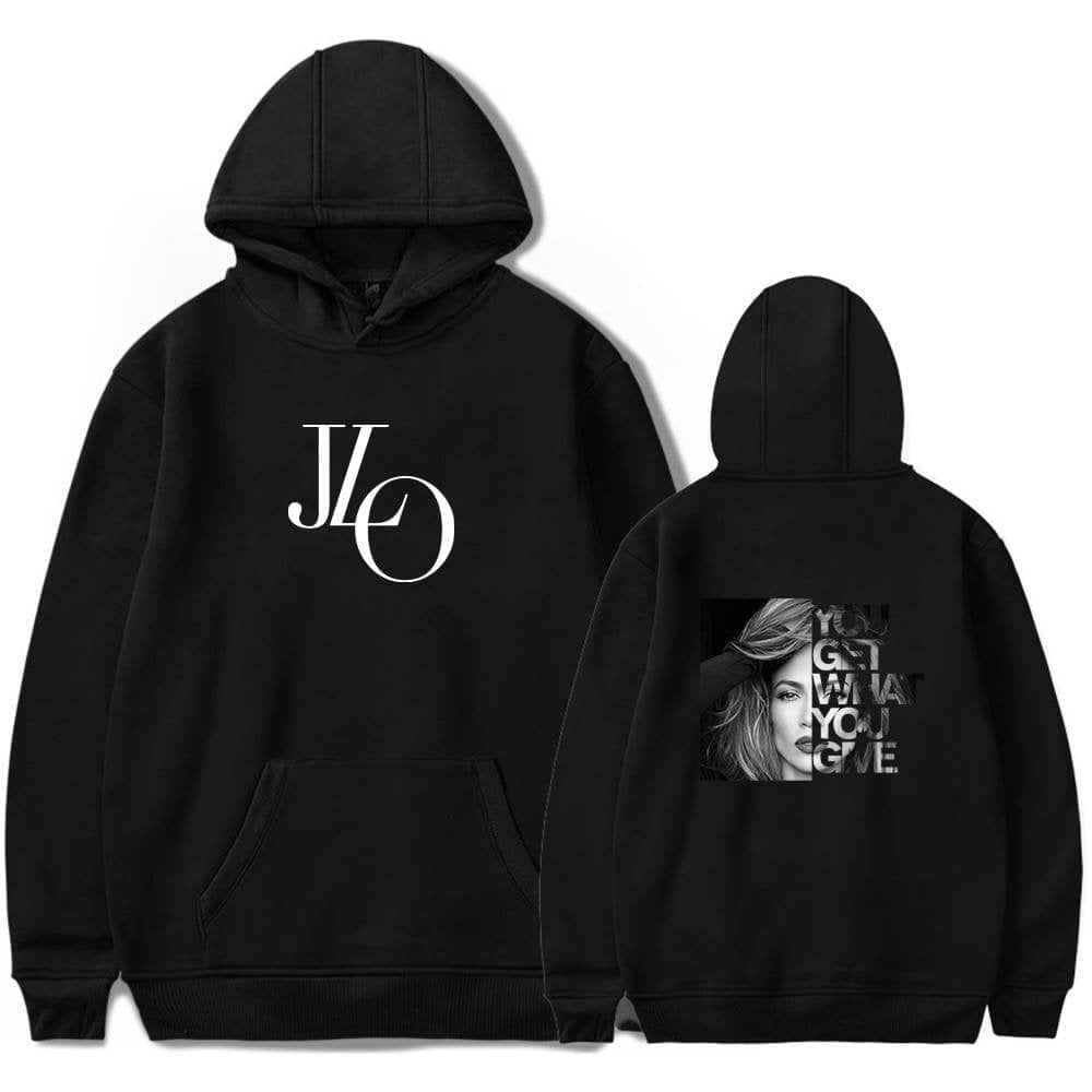 JLO hoodie with front logo and back graphic design featuring a woman's image and motivational text.