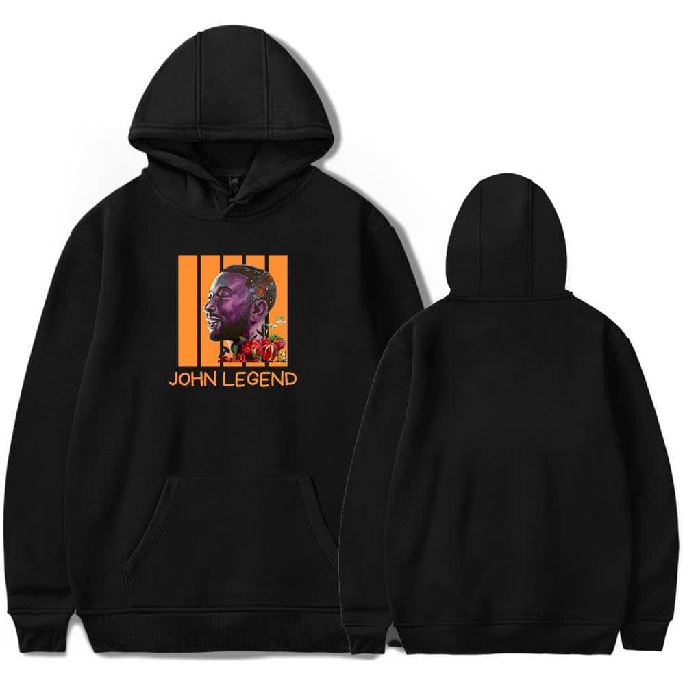 Viral rapper John Legend black hoodie with vibrant graphic print of his profile and floral design, perfect for fans and streetwear style.