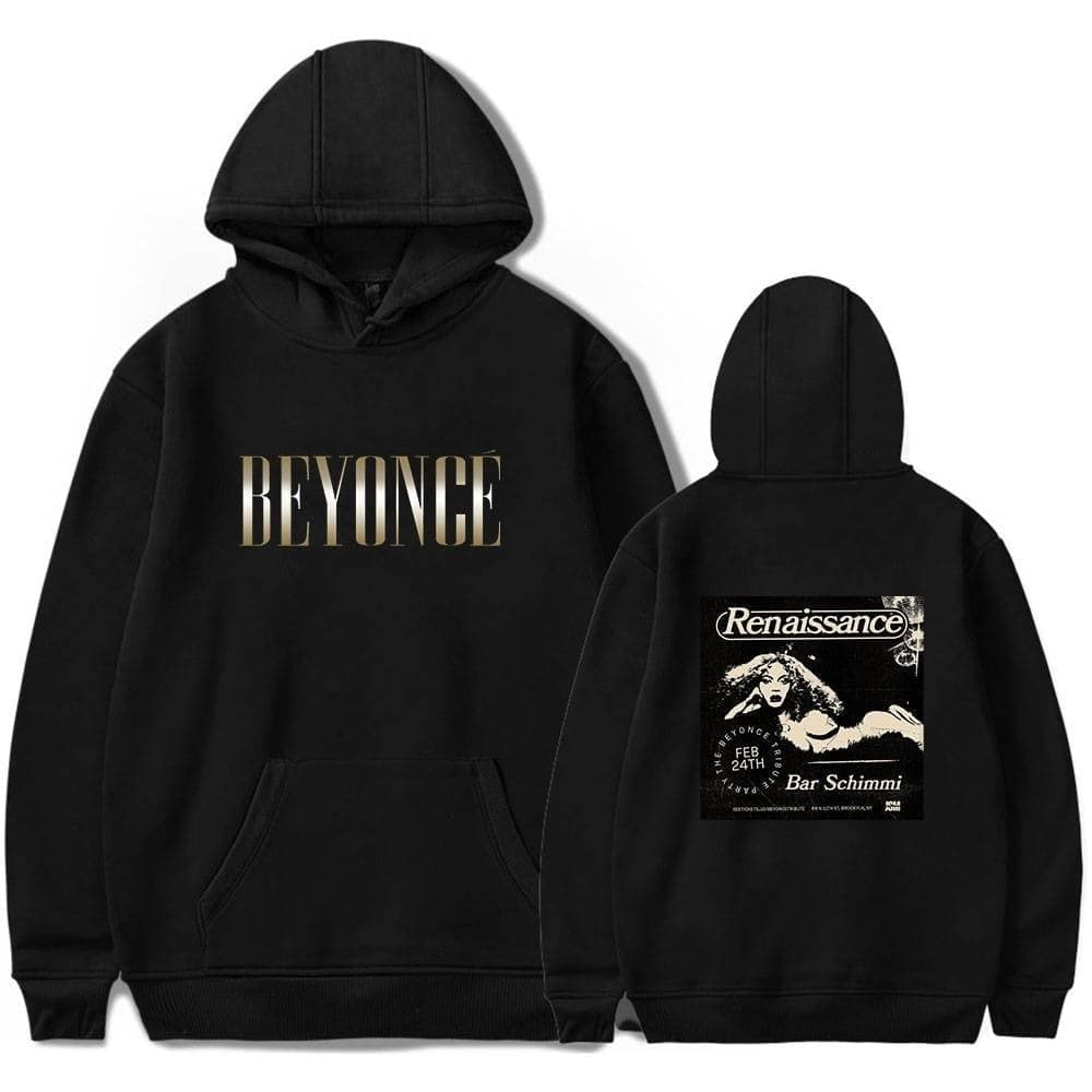 BEYONCÉ black hoodie with front text and back graphic design featuring a woman and event details, stylish streetwear merchandise.