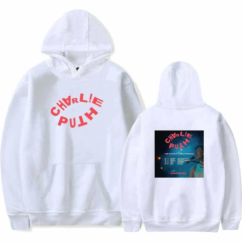 CHARLIE PULS hoodie with bold red graphic text on front and concert event poster on back, perfect for fans and merchandise collectors.