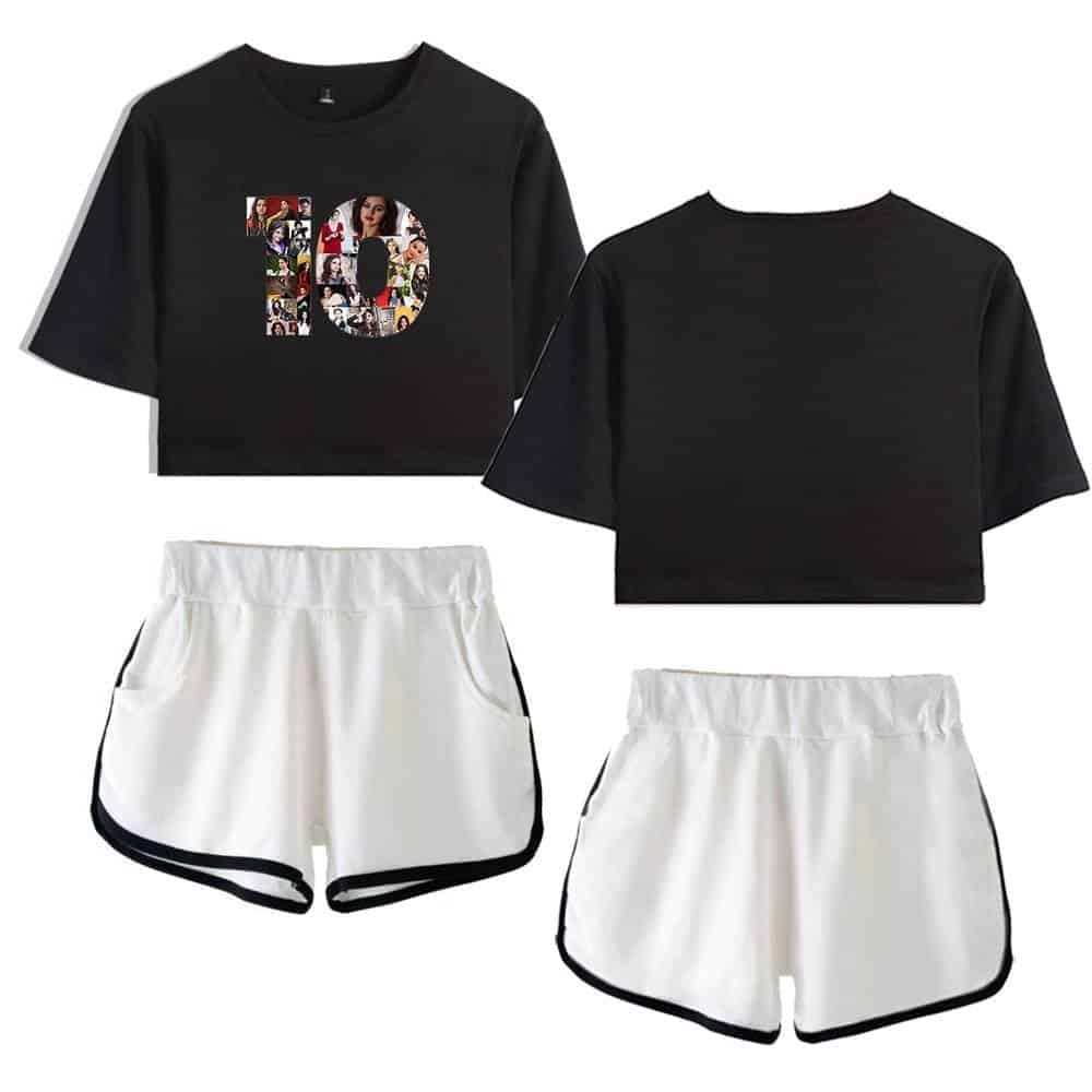 A collage of a black cropped t-shirt with a colorful graphic letter "O" and a black cropped sweatshirt, paired with white athletic shorts with black trim, suitable for activewear or casual fashion.