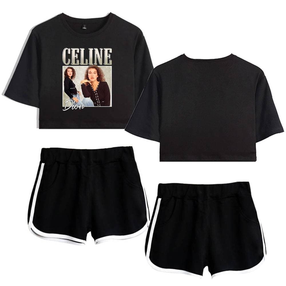 Celine Dior matching women's cropped t-shirt and black athletic shorts set, stylish casual wear, perfect for lounge or sporty outfits.