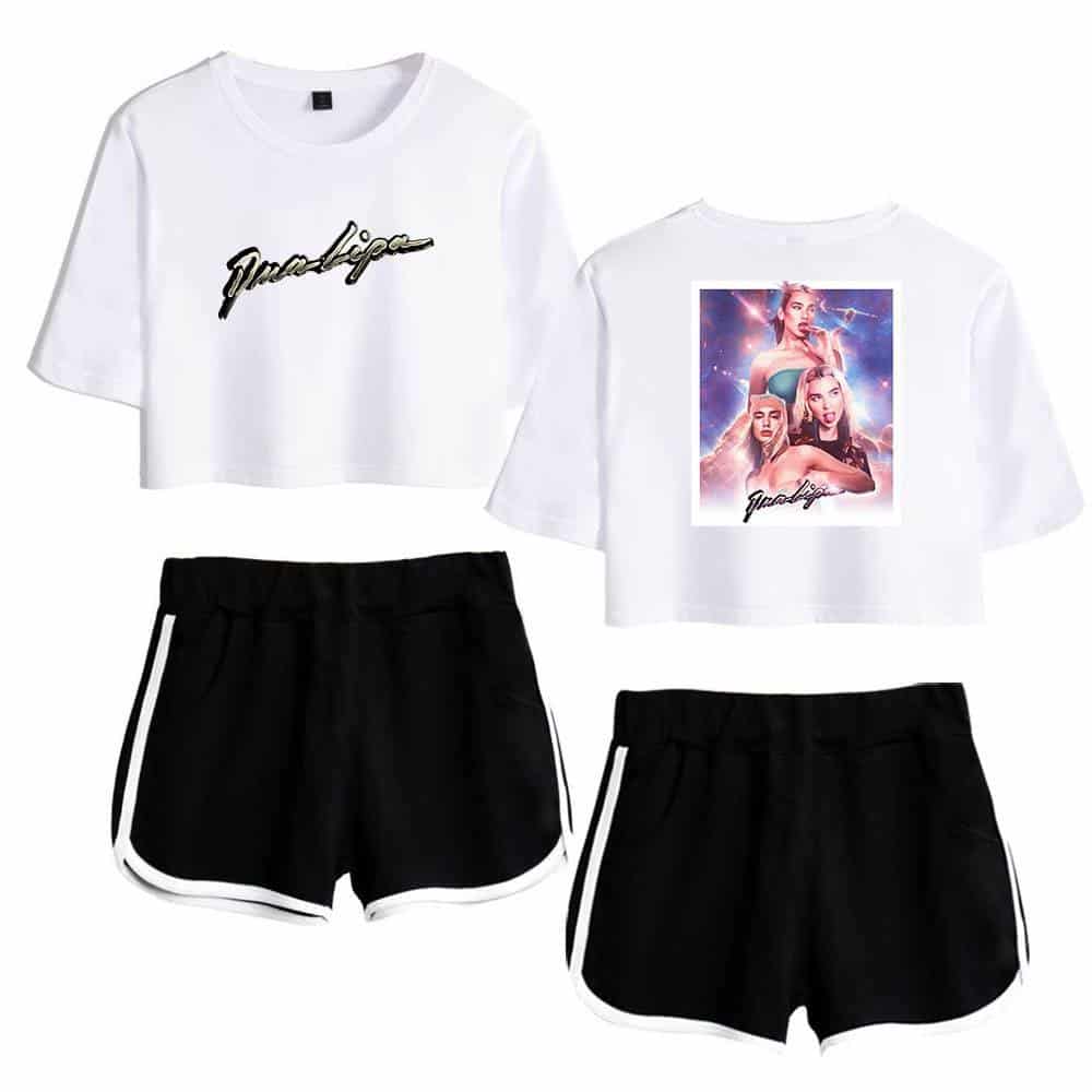 Graphic tee with "Gwen Light" logo and vibrant concert image paired with black athletic shorts featuring white side stripes, perfect for casual or sporty looks.