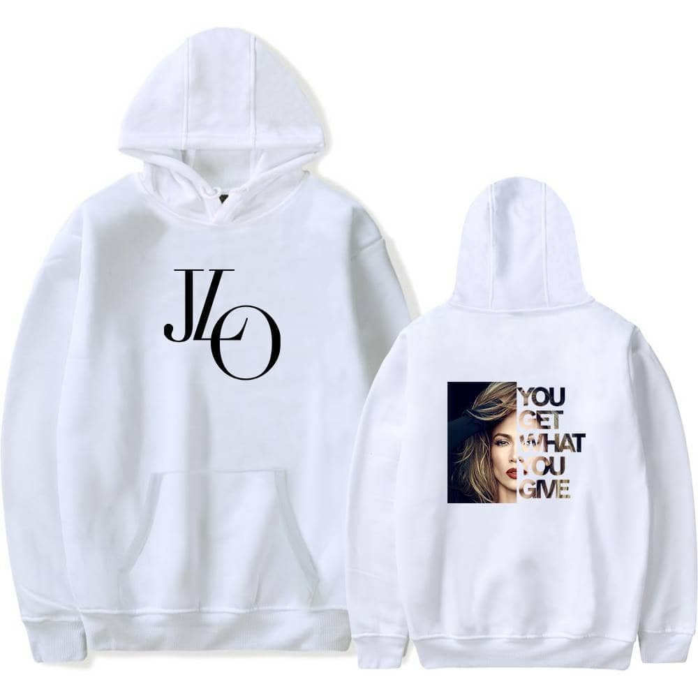 JLO logo hoodie with a graphic print of a woman and the quote "You get what you give" on the back, stylish and comfortable merch for fans of Jennifer Lopez.