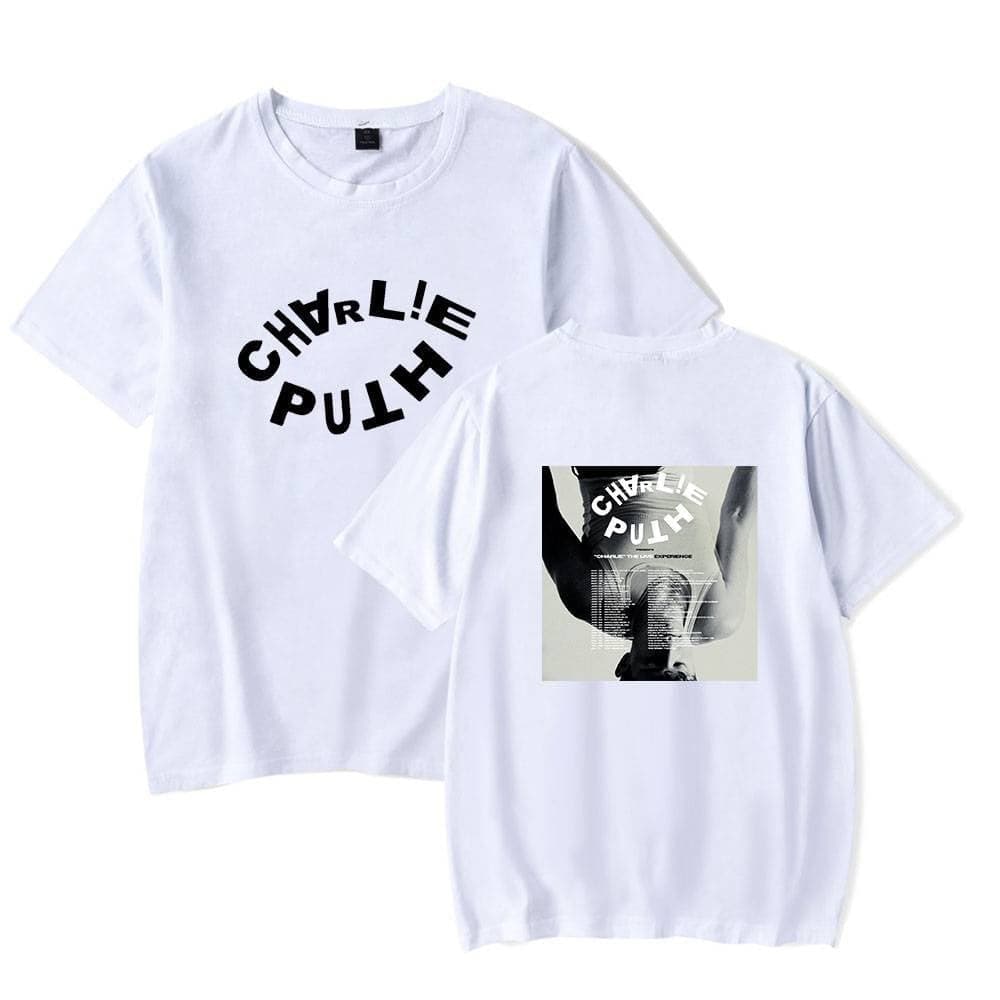 Charli XCX Charlie Pulh white graphic T-shirt, front and back views, showcasing bold text and artistic print design perfect for music and fashion merchandise enthusiasts.