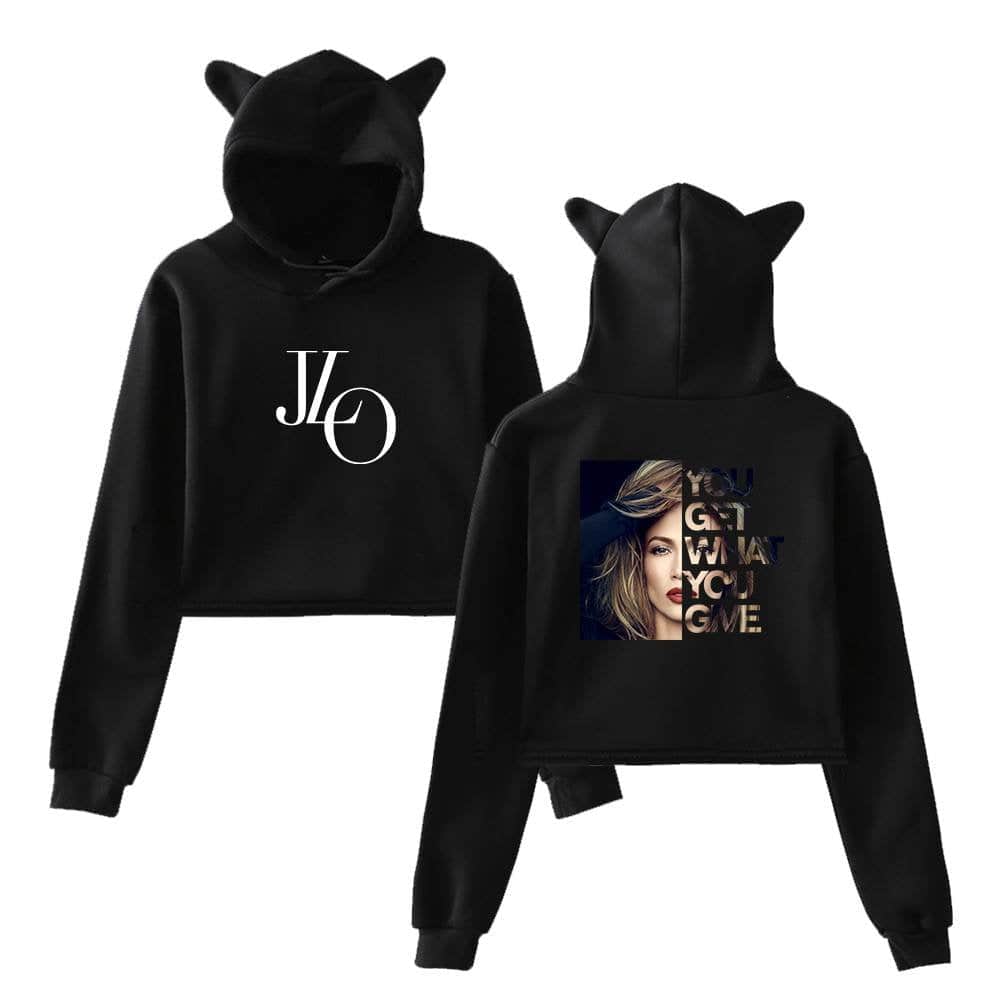 JLO hoodie with cat ear hood and stylish graphic print, perfect for fans of Jennifer Lopez, combining fashion and comfort.
