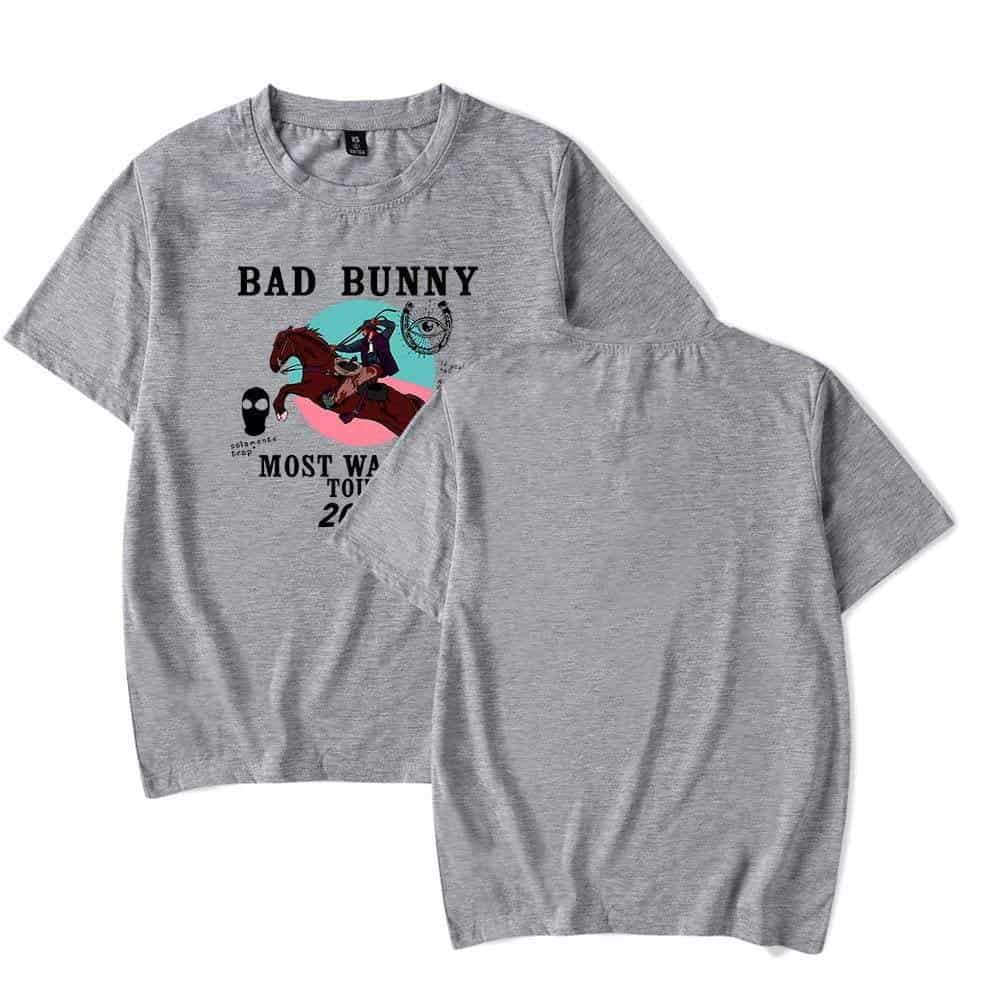 Bad Bunny graphic T-shirt featuring a cartoon design with a rabbit riding a horse, skull, and colorful background, perfect for fans and casual wear.