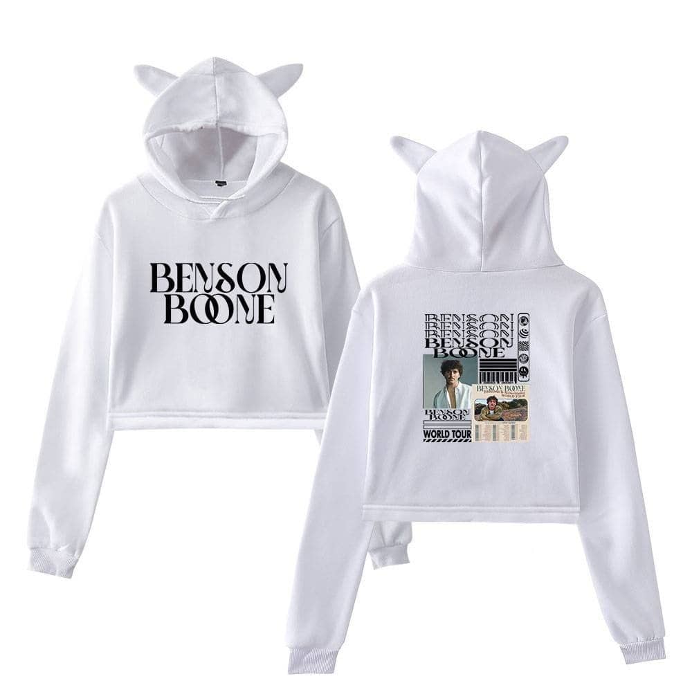 Benson Boone hoodie with animal ears, white color, featuring bold Benson Boone text on the front and a graphic print with photos and design on the back. Perfect for fans and casual wear.