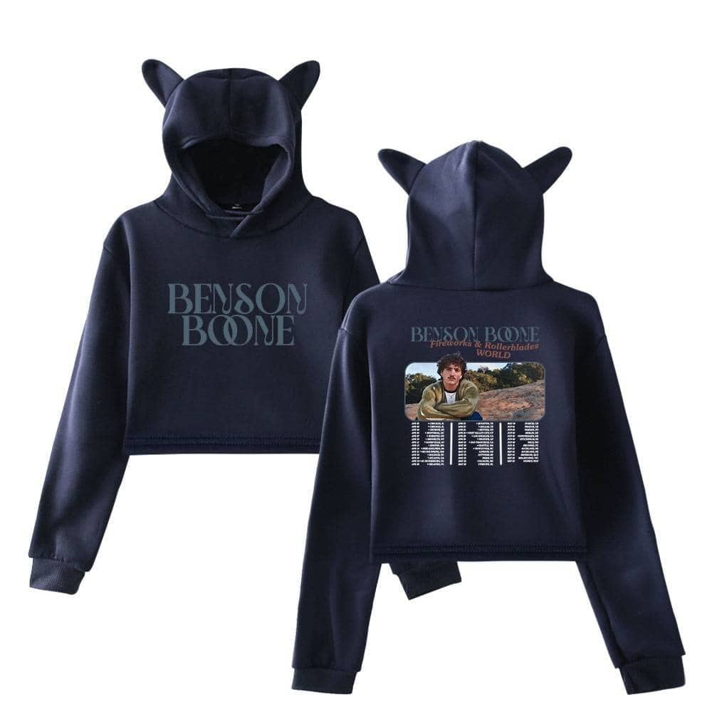 Benson bone hoodie with animal ear hood design featuring graphic print merchandise for fans of Benson Bone characters in black color.