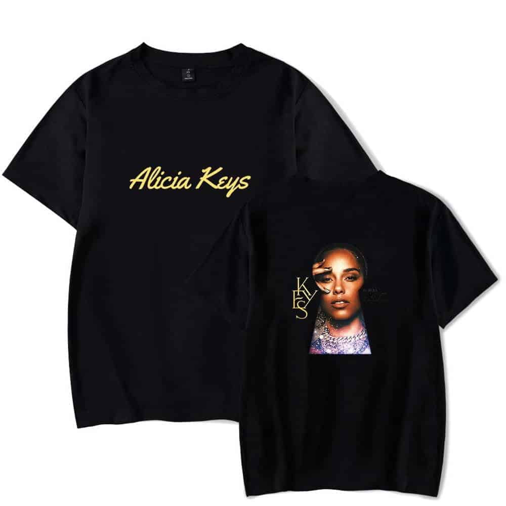 Alicia Keys black t-shirt featuring her name and a portrait of her with stylish makeup and jewelry, perfect for fans and casual wear.